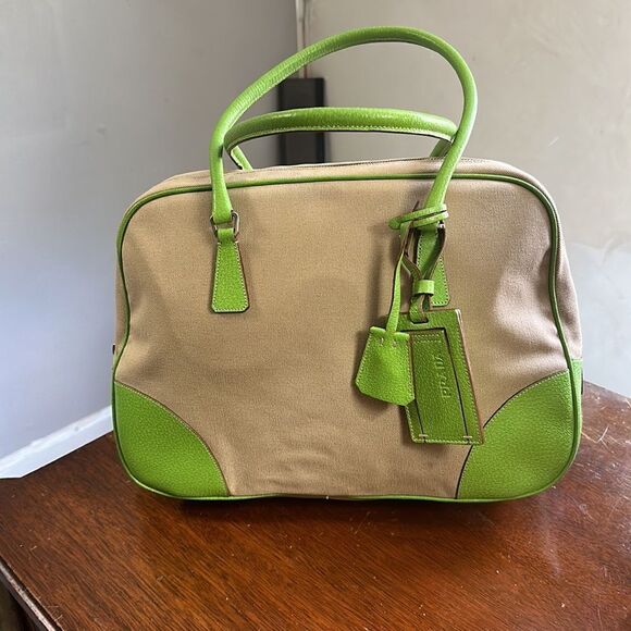 Vintage Prada Large Cinghiale-Trimmed Canapa Bauletto Bag - Picture 3 of 13